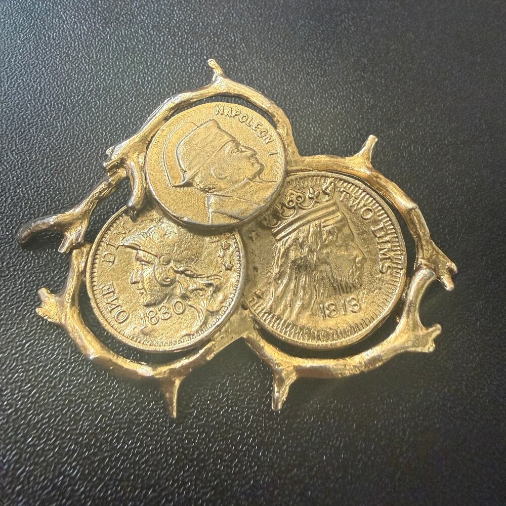 Vintage Napoleon Coin Brooch Gold Tone Branch Frame 2.5 Inch Statement Pin